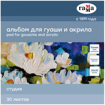Альбом для гуаши и акрила 30л., 200*200мм, на склейке Гамма 'Студия', 180г/м3, 2 шт/в уп