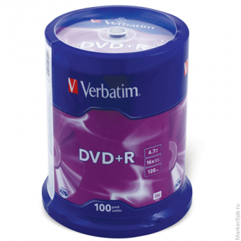 Диск DVD+R (плюс) VERBATIM, 4,7 Gb, 16x, 100 шт., Cake Box, 43551, комплект 100 шт