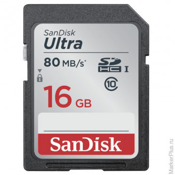 Карта памяти SDHC, 16 GB, SANDISK Ultra UHS-I, скорость передачи данных 80 Мб/сек. (class 10), DUNC-