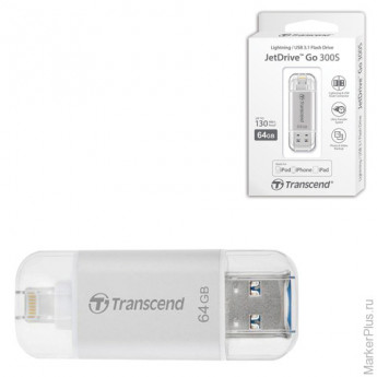 Флэш-диск, 64 GB, TRANSCEND JetDdrive Go 300, USB 3.1, серебро, подключение к IPhone (iPad), TS64GJD