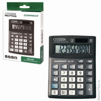 Калькулятор CITIZEN настольный Correct SD-210, 10 разрядов, двойное питание, 103x138 мм, черный, SD-