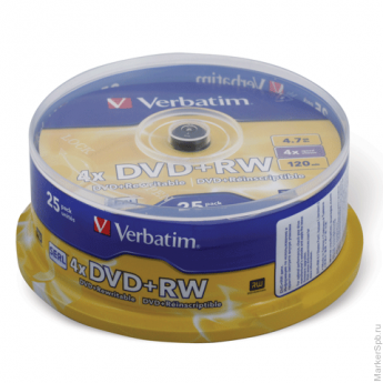 Диск DVD+RW (плюс) VERBATIM, 4,7 Gb, 4x, 25 шт., Cake Box, 43489, комплект 25 шт