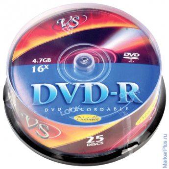 Диски DVD-R VS, 4,7 Gb, 16x, 25 шт., Cake Box, с поверхностью для печати, VSDVDRIPCB2501
