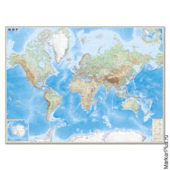 Карта настенная 'Мир. Обзорная карта. Физическая с границами', М-1:15 млн., разм. 192х140 см, ламинированная, 293