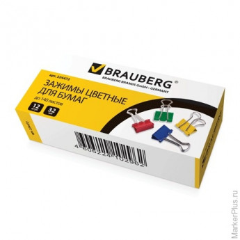 Зажимы для бумаг BRAUBERG, КОМПЛЕКТ 12 шт., 32 мм, на 140 листов, цветные, картонная коробка, 224472, комплект 12 шт