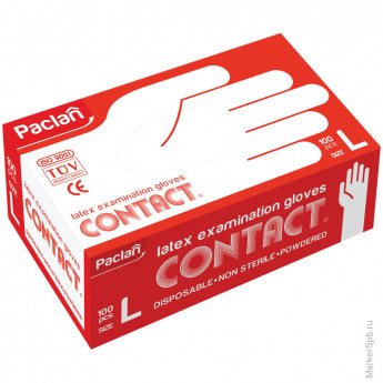 Перчатки одноразовые Paclan "Contact" латексные L, 100шт., картон. коробка