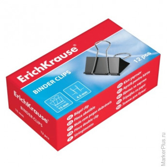Зажимы для бумаг ERICH KRAUSE, комплект 12 шт., 32 мм, на 140 л., черные, в картонной коробке, 2983