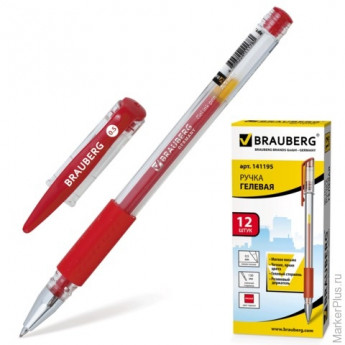 Ручка гелевая BRAUBERG "Number One", корпус прозрачный, 0,5 мм, резиновый держатель, красная, 141195