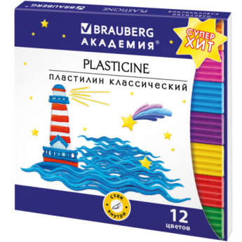 Пластилин классический BRAUBERG 'АКАДЕМИЯ ХИТ', 12 цветов, 240 г, стек, ВЫСШЕЕ КАЧЕСТВО, 106423