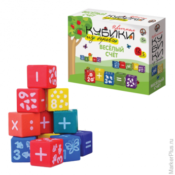 Кубики деревянные "Веселый счет", 12 шт., 4х4х4 см, белые цифры на цветных кубиках, "Десятое королев