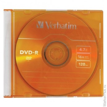 Диск DVD-R (минус) VERBATIM, 4,7 Gb, 16x, Colour Slim Case