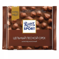 Шоколад RITTER SPORT "Extra Nut", молочный, с цельным лесным орехом, 100 г, 7006