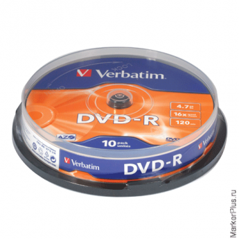 Диск DVD-R (минус) VERBATIM, 4,7 Gb, 16x, 10 шт., Cake Box, 43523