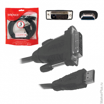 Кабель HDMI-DVI-D, 3 м, SPARKS, 2 фильтра, для передачи цифрового видео, SN1046