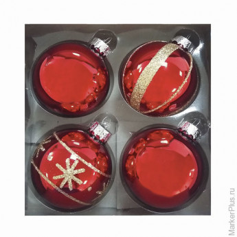 Шары елочные, набор 4 шт., стекло, диаметр 6 см, цвет красный, с рисунком глиттером (глянец), ассорт