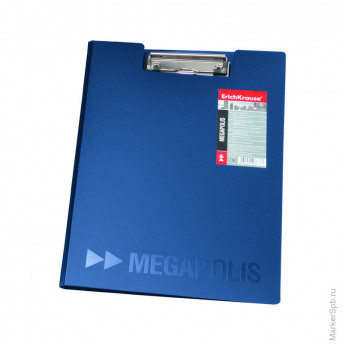 Папка-планшет с зажимом "MEGAPOLIS", жесткий пластик, синий, внутренний карман