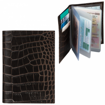 Бумажник водителя FABULA "Croco Nile", натуральная кожа, "крокодил", 6 пластиковых карманов, черный,
