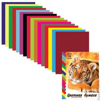 Цветная бумага, А4, двухсторонняя, 16 листов, 16 цветов, HATBER VK, "Тигр", 195х270 мм, 16Бц4 08394, N078648