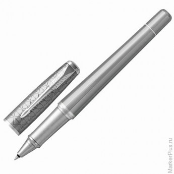 Ручка-роллер PARKER "Urban Premium Silvered Powder CT", корпус серый, латунь с PVD-напылением, хром, 1931586, черная