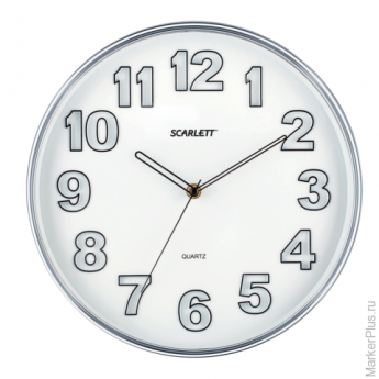 Часы настенные SCARLETT SC-55K круглые, белые, серебристая рамка, плавный ход, 30,3x30,3x4 см, SC - 