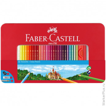 Карандаши цветные Faber-Castell, 60цв.+2 ч/г кар.+ластик+точилка, заточен., метал. кор.