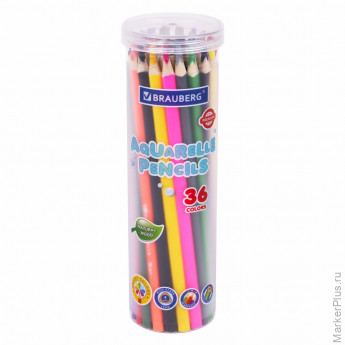 Карандаши цветные акварельные BRAUBERG PREMIUM AQUARELLE 36 цветов в тубе, трехгранные, утолщенный грифель 4 мм, натуральное дерево,181933