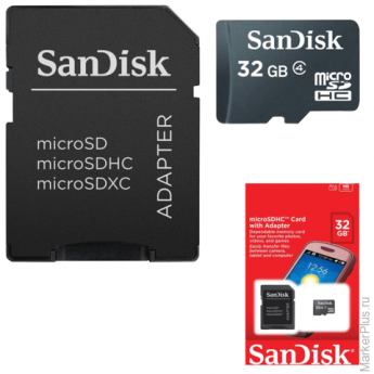 Карта памяти micro SDHC, 32 GB, SANDISK, скорость передачи данных 4 Мб/сек. (class 4), с адаптером, 