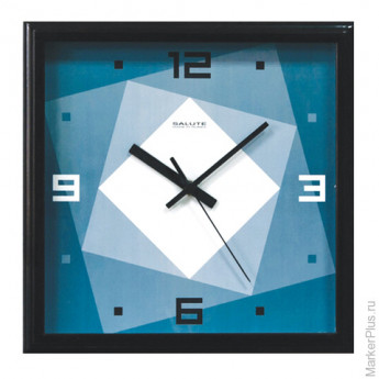 Часы настенные САЛЮТ П-2А6-073, квадрат, синие с рисунком "Абстракция", черная рамка, 28х28х4 см