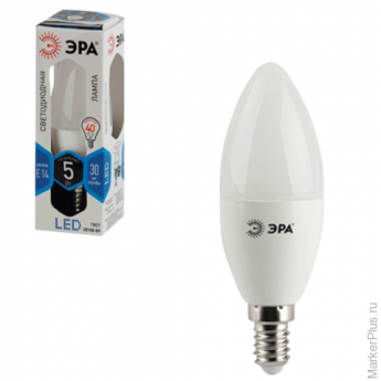Лампа светодиодная ЭРА, 5 (40) Вт, цоколь E14, "свеча", холодный белый свет, 30000 ч., LED smdB35-5w