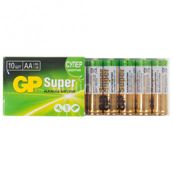 Батарейки GP Super, AA (LR6,15А), алкалиновые, пальчиковые, КОМПЛЕКТ 10 шт., в пленке, 15A-2CRB10, GP 15A-2CRB10