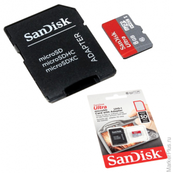 Карта памяти micro SDHC, 8 GB, SANDISK Ultra, скорость передачи данных 48 Мб/сек. (class 10), с адаптером, SDSDQUIN-008G-G