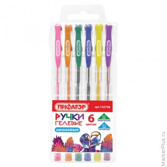 Ручки гелевые ПИФАГОР, НАБОР 6 ЦВЕТОВ, НЕОНОВЫЕ, корпус прозрачный, узел 0,7 мм, линия письма 0,5 мм, 142798, ассорти, комплект 6 шт