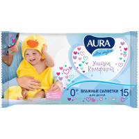 Салфетки влажные Aura "Ultra comfort", 7*14см, 15шт., детские, универсал. очищающие, без спирта, комплект 15 шт