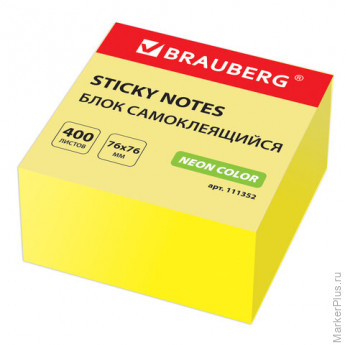 Блок самоклеящийся (стикеры) BRAUBERG НЕОНОВЫЙ 76х76 мм, 400 листов, желтый, 111352