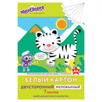 Картон белый А4 МЕЛОВАННЫЙ (белый оборот), 7 листов, в папке, ЮНЛАНДИЯ, 200х290 мм, 'ТИГРАША', 111310