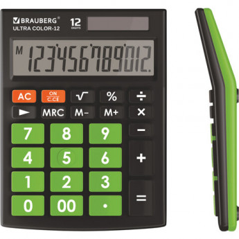 Калькулятор настольный BRAUBERG ULTRA COLOR-12-BKLG (192x143 мм), 12 разрядов, двойное питание, ЧЕРНО-САЛАТОВЫЙ, 250498