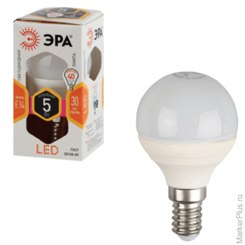 Лампа светодиодная ЭРА, 5 (40) Вт, цоколь E14, шар, теплый белый свет, 30000 ч., LED smdP45-5w-827-E