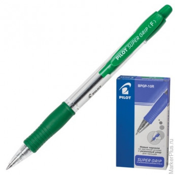 Ручка шариковая масляная PILOT автоматическая, BPGP-10R-F "Super Grip", корпус зеленый, резиновый упор, 0,32 мм, зеленая