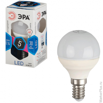 Лампа светодиодная ЭРА, 5 (45) Вт, цоколь E14, шар, холодный белый свет, 30000 ч., F-LED Р45-5w-840-