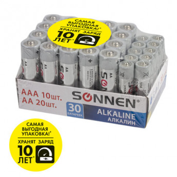 Батарейки КОМПЛЕКТ 30 (20+10) шт, SONNEN Alkaline, AA+ААА (LR6+LR03), в коробке, 455097