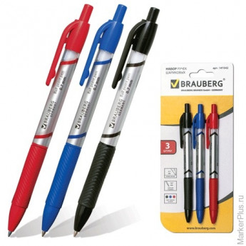 Ручки шариковые BRAUBERG "Leader", набор 3 шт., автоматическая, 0,7 мм, рез. держ., блистер, син., черн., кр., 141542