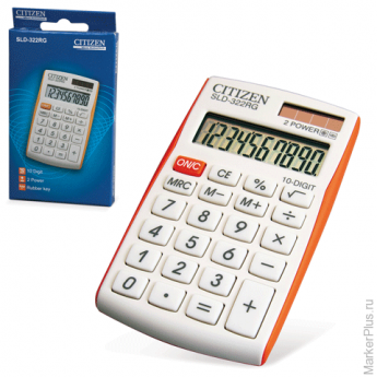Калькулятор CITIZEN карманный SLD-322RG, 10 разрядов, двойное питание, 105х64 мм, белый/оранжевый