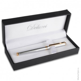 Ручка-роллер 'Delucci' синяя, 0,6мм, корпус серебряный/золото, подар.уп.