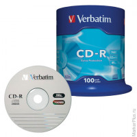 Диски CD-R VERBATIM, 700 Mb, 52х, 100 шт., Cake Box, 43411