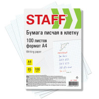 Бумага писчая в клетку А4, 65 г/м2, 100 листов, белизна 92% (ISO), STAFF, 115343