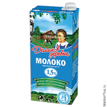 Молоко ДОМИК В ДЕРЕВНЕ, жирность 1,5%, ультрапастеризованное, картонная упаковка, 950 г