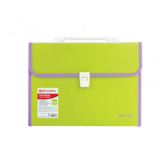 Папка-портфель пластиковая BRAUBERG 'JOY', А4 (330х245х35 мм), 13 отделений, с окантовкой, салатовая, 227974