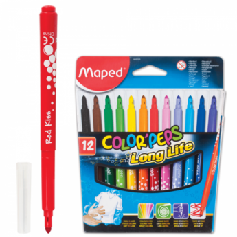 Фломастеры MAPED "Color'Peps Long Life", 12 цветов, смываемые, трехгранные, картонная упаковка, 845020