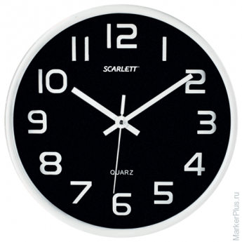 Часы настенные SCARLETT SC-WC1001O круглые, черные, серебристая рамка, пластик, плавный ход, 25,5х25