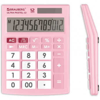 Калькулятор настольный BRAUBERG ULTRA PASTEL-12-PK (192x143 мм), 12 разрядов, двойное питание, РОЗОВЫЙ, 250503